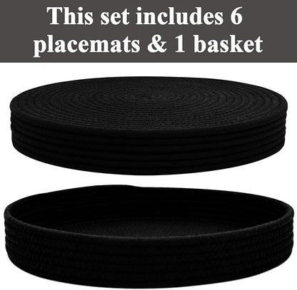 Round Placemats Set of 6 with Holder, Cotton Rope Woven Place Mats, Hot Pads for Kitchen, Heat Resistant Table Mats, 13 Inch Farmhouse Washable Braided Placemat for Kitchen Decor (Black)