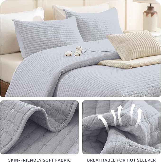 Sanracie Cotton Oversized King Bedspread(128"x120"), Cornflower Blue Soft Stonewashed Extra Large Wide Oversized Quilt Set Cross Stitch Lightweight Crinkle Coverlet Set 3Pcs for All Season