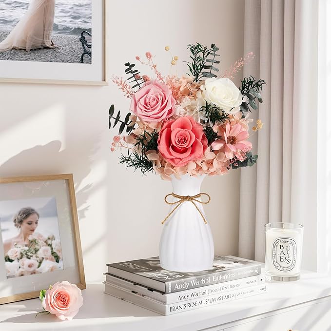 Flowers for Delivery Preserved Flowers with Vase That Last 3-5 Years Real Forever Flowers Pink Rose Bouquet for Mom Birthday Thanksgiving Christmas Gift for Women Grandma Wife Friends Her