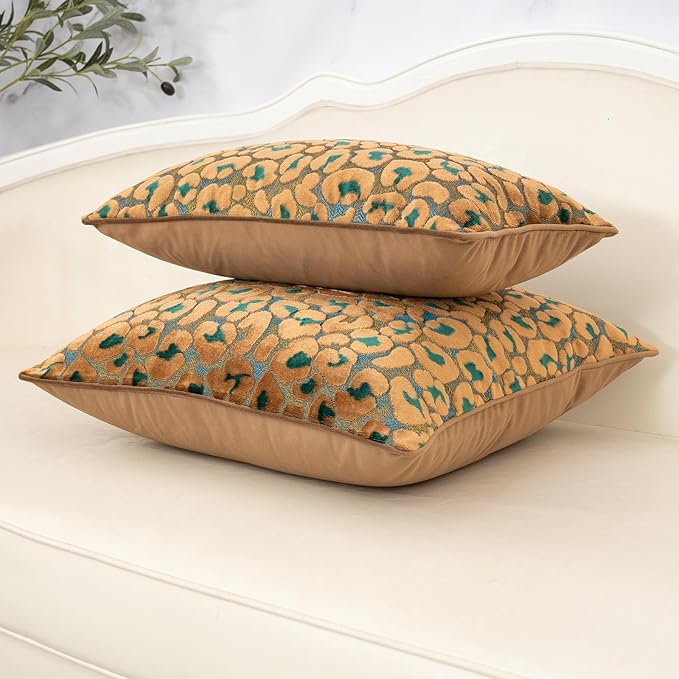 Alerfa Green Brown Floral Throw Pillow Cover 18 x 18 Inch Cut Velvet Sqaure Luxury Decorative Pillow Cover for Couch Living Room Bedroom