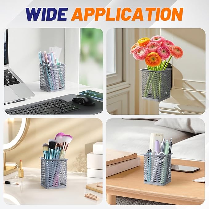 Segarty Pen Cup Holder, 6 Pack Square Silver Pen Holder for Desk, Multifuntional Mesh Pencil Cups Containers for Marker, Office Supplies, School Students, Home Desktop, Brush Organizer
