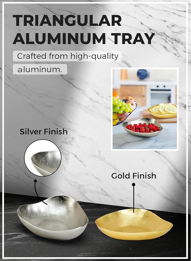 Serene Spaces Living Triangular Aluminum Tray, Gold & Silver Shiny Decorative Metal Tray, Holder for Accessories, Candles, Jewelry, Snacks, Fruits, Centerpiece for Kitchen or Dining Table, Set of 2