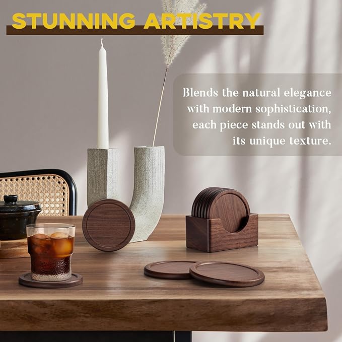 Wood Coasters with Holder, GOH DODD Set of 6 Walnut Wooden Coaster Tabletop Protection for Drinks Coffee Table Home Kitchen Office Bar Living Room Decor Housewarming Gifts Wedding Party