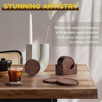 Wood Coasters with Holder, GOH DODD Set of 6 Walnut Wooden Coaster Tabletop Protection for Drinks Coffee Table Home Kitchen Office Bar Living Room Decor Housewarming Gifts Wedding Party