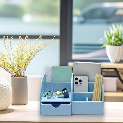UnionBasic Desk Organizer - Multifunctional Leather Desktop Pen Holder Storage Box - Business Card/Pen/Pencil/Mobile Phone/Stationery Holder, Blue