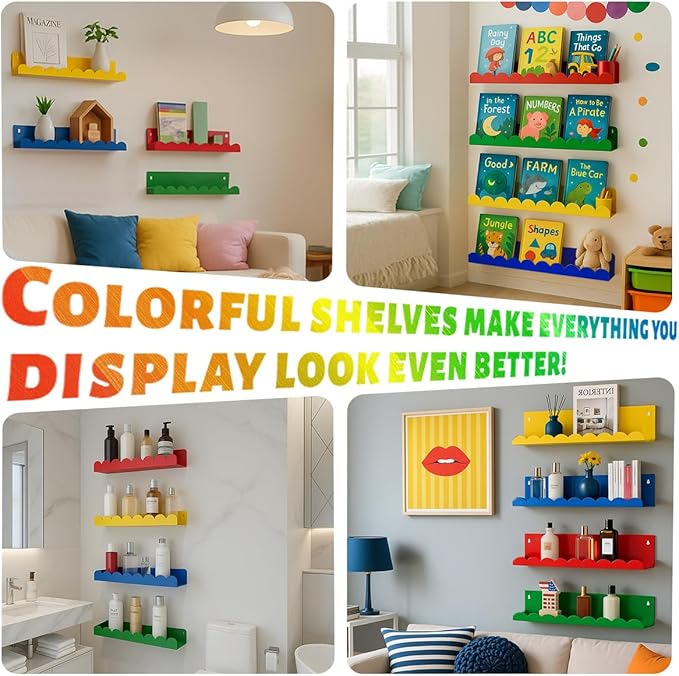 Scalloped Shelves - Set of 4 Acrylic Floating Book Shelves 17inch, Colorful Wall Book Shelf for Room, Scalloped Wall Shelves for Bedroom and Playroom Storage
