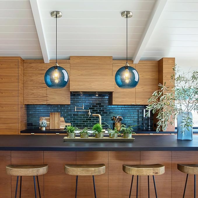 Blue Glass Pendant Lights Kitchen Island Lighting Globe Pendant Light Fixtures Modern Pendant Lighting for Kitchen Island Bedroom Living Dining Room Light Fixture(9.84in, 3-Pack)