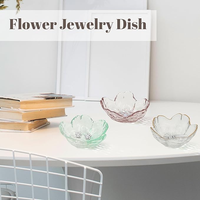 Glass Jewelry Dish, 8pcs Jewelry Tray Ring Dish, Flower Jewelry Dish for Necklace Bracelet Earring Holder, Home Decoration, Gifts for Girlfriend Daughter Mother,Mother's Day Gift (8PCS-Flower)