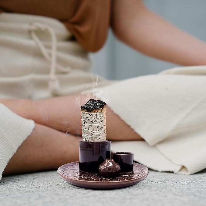 4 in 1 Multifunctional Ceramic Incense and Candle Holder with Ash Catcher Tray Suit for Burning White Sage, Palo Santo Sticks (Dark Brown)
