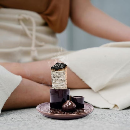 4 in 1 Multifunctional Ceramic Incense and Candle Holder with Ash Catcher Tray Suit for Burning White Sage, Palo Santo Sticks (Dark Brown)