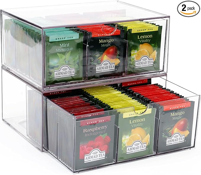 2 Large Acrylic Tea Bag Organizer, 9 Grids Tea Organizers and Storage with Acrylic Drawers Stackable, Teabag Holder Organizer for Counter Countertop Kitchen Cabinet