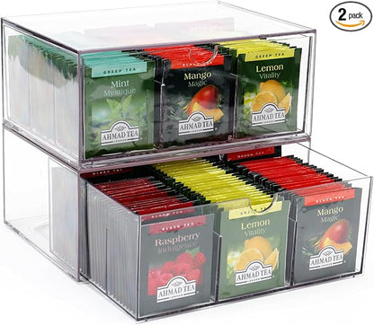 2 Large Acrylic Tea Bag Organizer, 9 Grids Tea Organizers and Storage with Acrylic Drawers Stackable, Teabag Holder Organizer for Counter Countertop Kitchen Cabinet