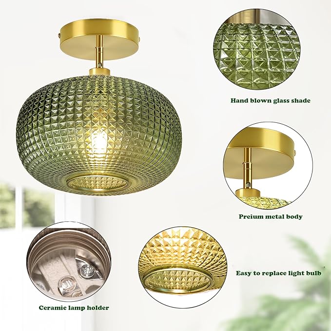 Semi Flush Mount Ceiling Light Fixture,Hallway Light Fixtures,Vintage Globe Glass Ceiling Fixture with Green Shade,Kitchen Ceiling Light Fixture,Farmhouse Ceiling Lighting for Bathroom Entryway Porch