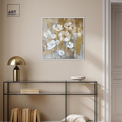 Art Remedy Golden Daisies Canvas Elegant White Gold Wall Art, White Frame, 24" x 24"