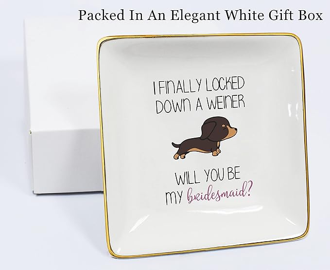 NZY Bridesmaid Proposal Gift from Bride,Bachelorette Party Wedding Gifts for Women Besties Friends,Jewelry Holder Ring Dish Trinket Tray-I Finally Locked Down A Weiner Will You Be My Bridesmaid