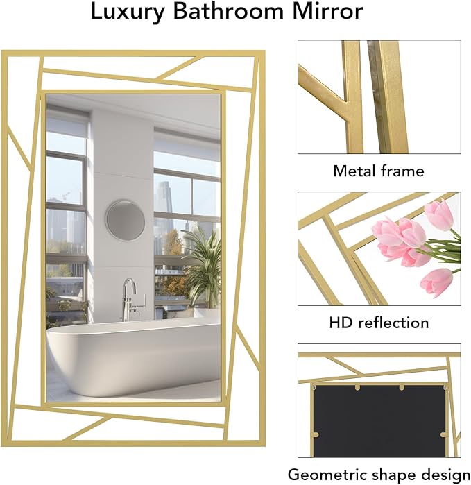 Brushed Gold Bathroom Mirror, 36''X24'' Rectangular Wall Mirrors with Geometric Metal Frame for Bathroom Bedroom Living Room, Hang Horizontally or Vertically