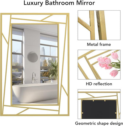 Brushed Gold Bathroom Mirror, 36''X24'' Rectangular Wall Mirrors with Geometric Metal Frame for Bathroom Bedroom Living Room, Hang Horizontally or Vertically