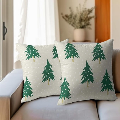Christmas Tree Pillow Covers 22x22 Set of 2 Green Beige Xmas Snow Pattern Rustic Decorative Outdoor Farmhouse Zipper Pillowcases Decorations Winter Holiday Throw Cushion Cover Decor for Couch Sofa Bed