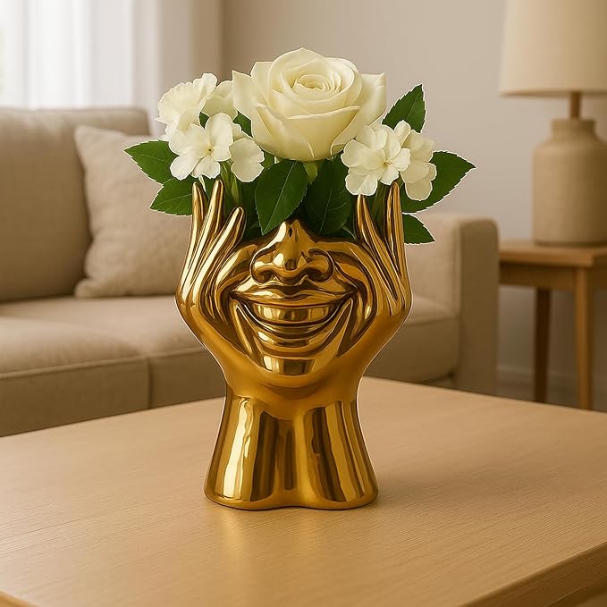 Face Vase Unique Ceramic Vase for Room,Office,Home Decor,Gold,C