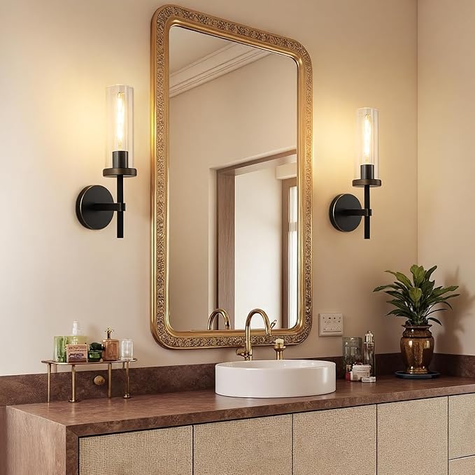 15" Knurled Brass Wall Sconce with Clear Glass Tube, Black Gold Bathroom Vanity Light Fixtures, Modern Lamp Lighting for Bedroom, Living Room, Hallway, Staircase, Mirror, Kitchen