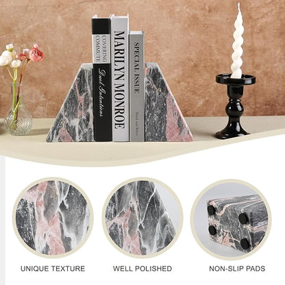 Koville Marble Bookends for Shelves, Large Bookends for Heavy Books, Natural Stone Book Stopper for Books CD Movies, Aesthetic Decorative Book Ends (Grey&Pink)