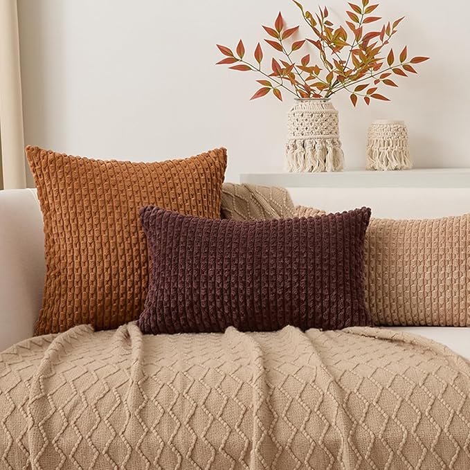 Kevin Textile 12x24 Inch Pillow Cover 1 Pack Boho Decorative Soft Striped Corduroy Lumbar Farmhouse Accent Rectangle Cushion Case for Living Room Couch Sofa Bed, Coffee