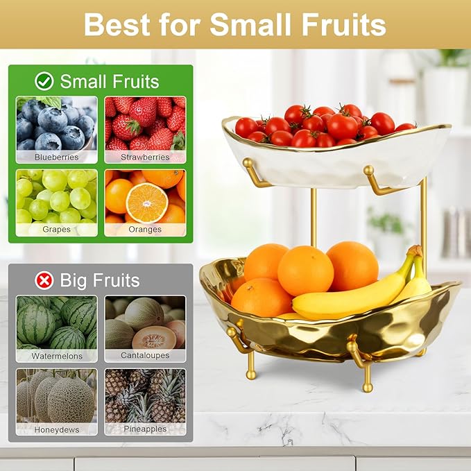 Ceramic Fruit Bowl for Kitchen Counter - 2 Tier Fruit Bowls with Metal Stand, Tiered Fruit Basket Stand for Countertop, Snack, Nuts, Cake, Dessert, Small & Cute (Gold)