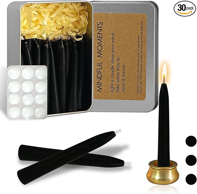 Dripless Taper Candle Meditation Candles,Black 20 Minute Mini Prayer Candlestick Pure Beeswax Candles with Brass Candle Holder for Yoga & Spiritual Rituals,30-BLA