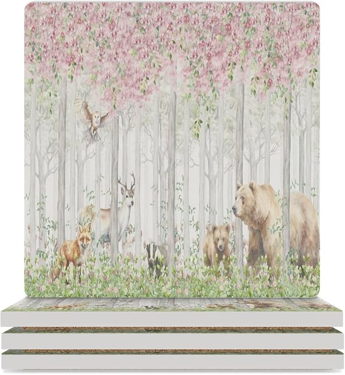 Square-4PCS Forest Drink Coasters, Square Modern Ceramic Absorbent Coasters, Cartoon Nature Forest Flower Animal Bear, Deer, Fox, Rabbit Decor Desk Coffee Table Coaster for Beverage Cup Tea Coasters