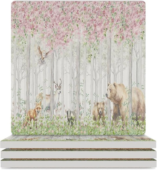 Square-4PCS Forest Drink Coasters, Square Modern Ceramic Absorbent Coasters, Cartoon Nature Forest Flower Animal Bear, Deer, Fox, Rabbit Decor Desk Coffee Table Coaster for Beverage Cup Tea Coasters