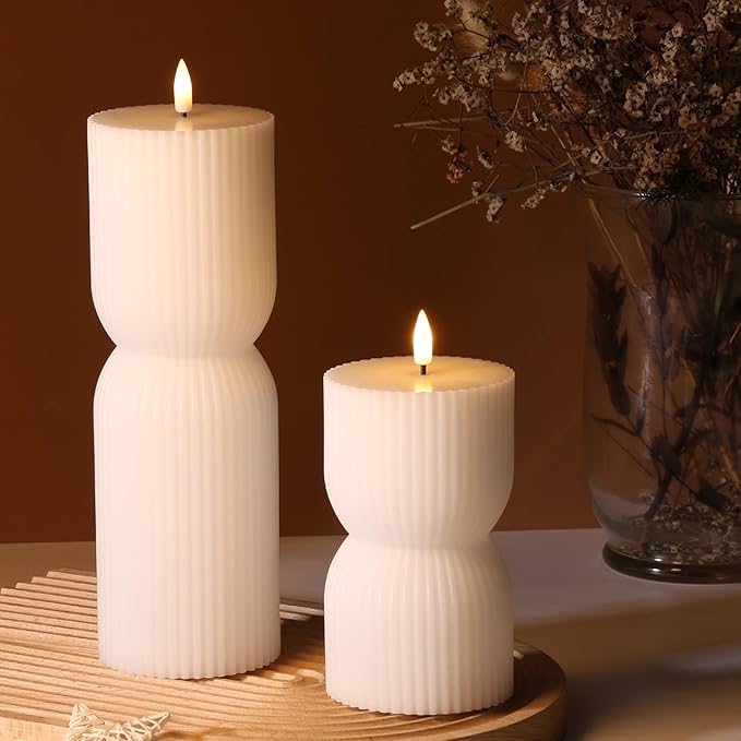 White Ribbed Flameless Pillar Candles with Remote, Real Wax Flickering Battery LED Candles Set of 2