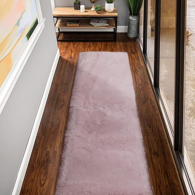 Fluffy Pink Washable Runner Rugs for Bedroom Fuzzy Faux Rabbit Shag Fur Rug for Living Room Furry Runner Rugs for Hallway 2x8 Nursery Rug