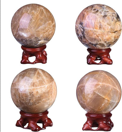 moonsix Natural Orange Moonstone Crystal Sphere with Resin Stand Healing Energy Stone Decorative Ball Sculpture for Home Office Tabletop, 61-70 mm
