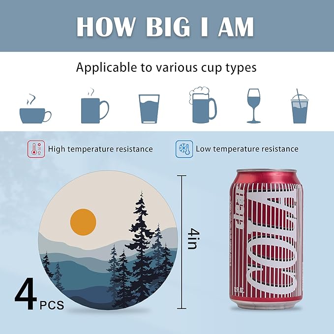 Drink Coasters Set of 4,Mountain and Tree Sunset Landscape Coasters for Drinks Ceramic Coasters with Cork Bottom for Kinds of Mugs and Cups,Home Decor,4''