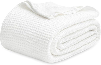 Bedsure Gentlesoft 100% Cotton Blanket Queen Size for Bed - Breathable and Soft, Thick Cozy Waffle Weave Christmas Blanket Gift for Women, White, 90x90 Inches