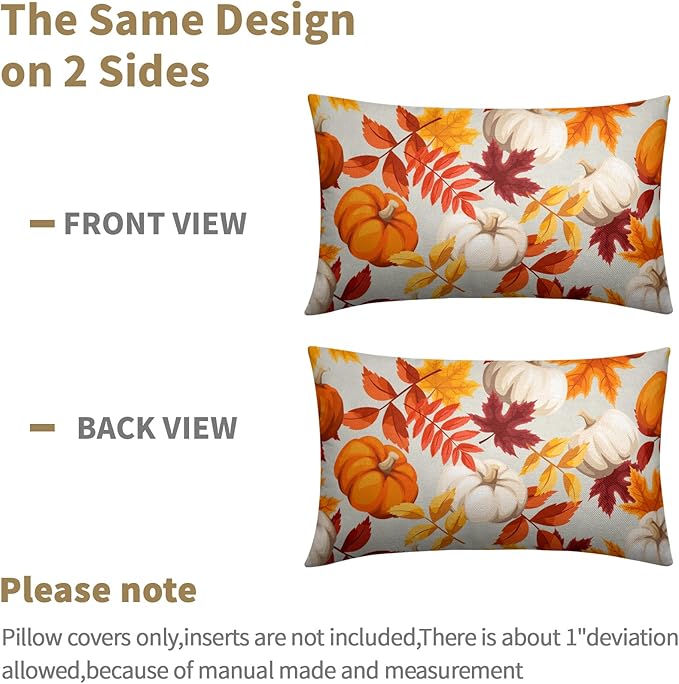 Pumpkin Fall Lumbar Pillow Covers 12x20 Set of 2 Orange Beige Autumn Thanksgiving Pillow Cases Maple Leaf Outdoor Decorative Holiday Cushion Cover Rustic Decoration Farmhouse Home Sofa Couch Bed Decor