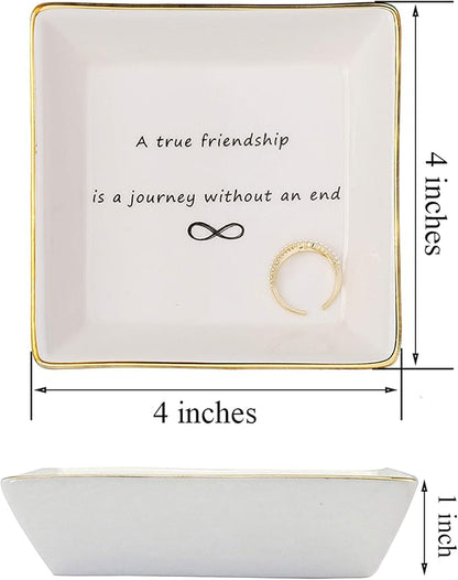 JoycuFF Friendship Gifts for Women Ceramic Trinket Tray Birthday Christmas Encouragement Decorative Decor Home Dish A True Friendship is A Journey Without An End Jewelry