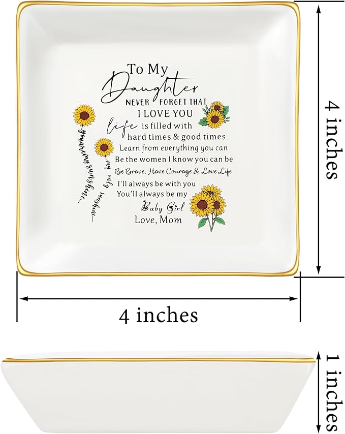 JoycuFF Daughter Gifts from Mom, Birthday Sunflower Jewelry Trinket Dish Tray Unique Gifts for Christmas, Thanksgiving Day