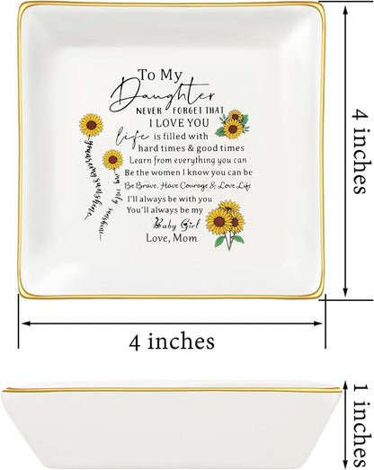 JoycuFF Daughter Gifts from Mom, Birthday Sunflower Jewelry Trinket Dish Tray Unique Gifts for Christmas, Thanksgiving Day