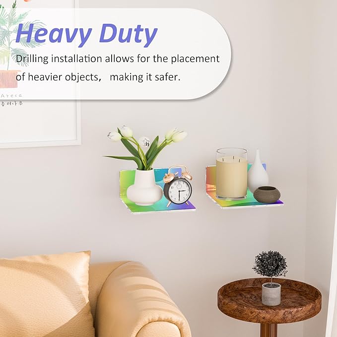 Sezanrpt 6 Inches Iridescent Acrylic Wall Shelves Set of 2, Wall Mounted Storage Display Shelves for Bedroom, Gaming Room, Living Room, Bathroom, Dining Room, Office, 2 Pack