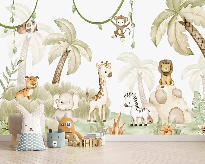 AFZEVEB-Safari Wallpaper Watercolor Animal Nursery Wall murals for Kids Room 159"x107"(Not Peel and Stick)