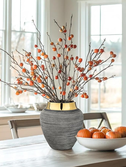 Rustic Ceramic Vase with Gold Rim – 9.4" Decorative Flower Vases for Living Room, Dining Table Centerpiece & Shelf Décor – Modern Farmhouse, Boho & Contemporary Home Accents