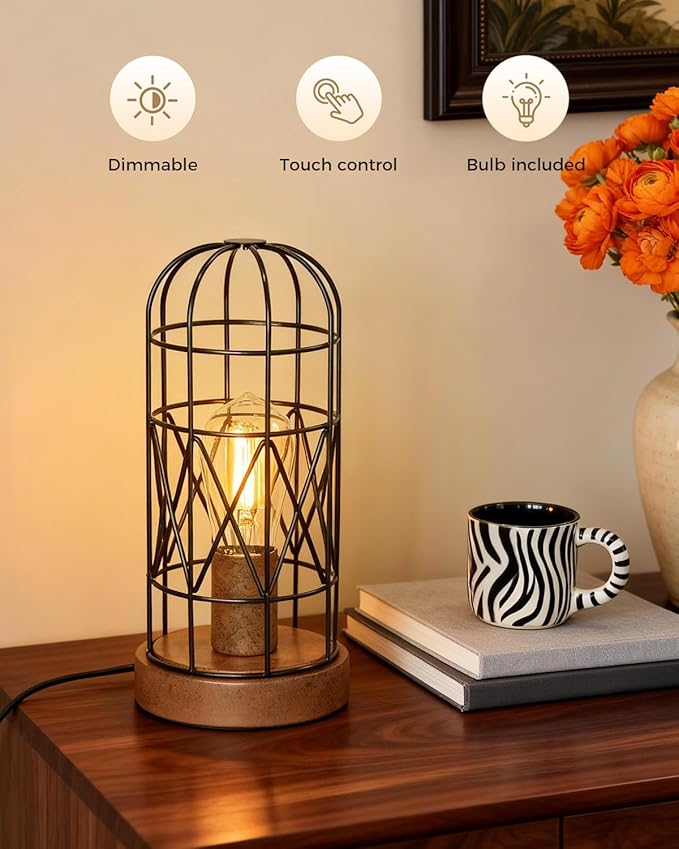 Unique Industrial Cage Table Lamp with Touch Control & Dimmable Light - 28" Metal Mesh Desk Lamp with 3-Way Dimmer, E26 Socket, Includes LED Bulb, Black