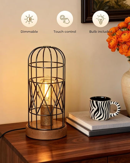 Unique Industrial Cage Table Lamp with Touch Control & Dimmable Light - 28" Metal Mesh Desk Lamp with 3-Way Dimmer, E26 Socket, Includes LED Bulb, Black