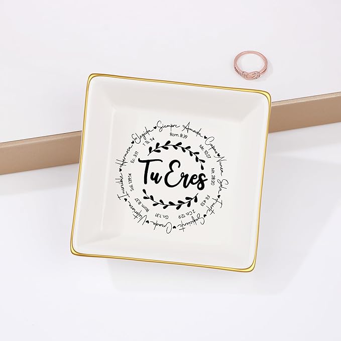 JoycuFF Christian Gifts for Girls Women Religious Ceramic Trinket Dish Tray for Womens Inspirational Faith Easter Catholic Christian Jewelry, Meaningful Communion Baptism Tu Eres