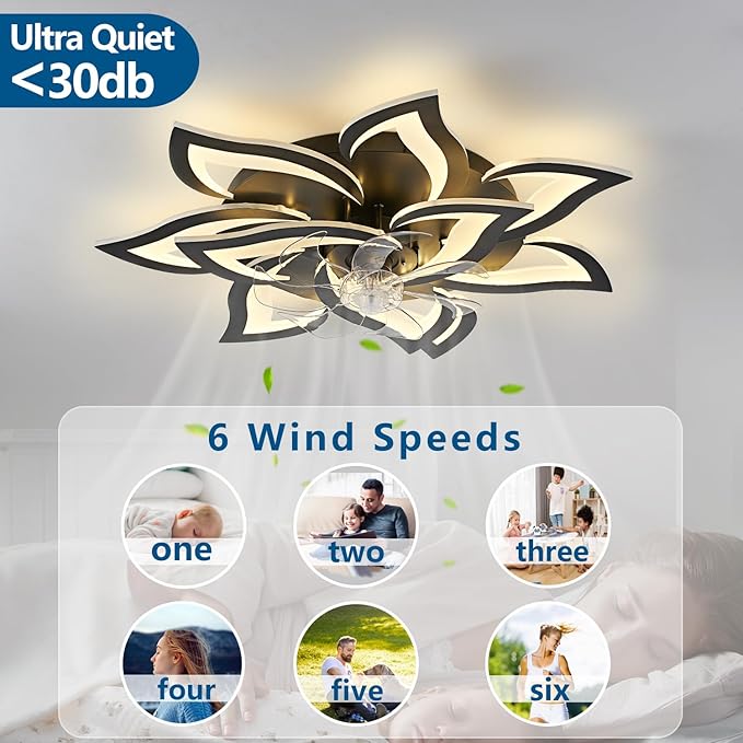 HuixuTe 32" Modern Geometric Ceiling Fan with Lights Remote Control, Black 6 Speeds 3 Colors Low Profile Ceiling Fan with Light for Living Room