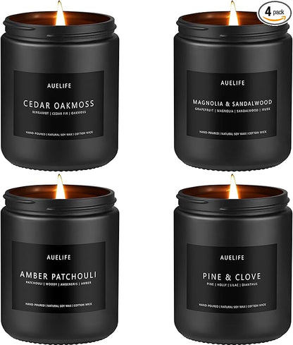 Candle Gift Set for Men – 4 Pack Soy Candles with Cedar Oakmoss, Pine & Clove, Amber Patchouli, Sandalwood – Masculine Scented Candles for Home, Valentine's Day Gift for Him