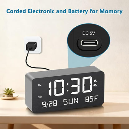 Wooden Digital Alarm Clock for Bedroom - Desk Clock with Date, Day of Week, Temperature, Dual Alarms, Dimmer, USB Port Charge, DST, Adjustable Volume for Living Room/Office Wood Decor (Black)