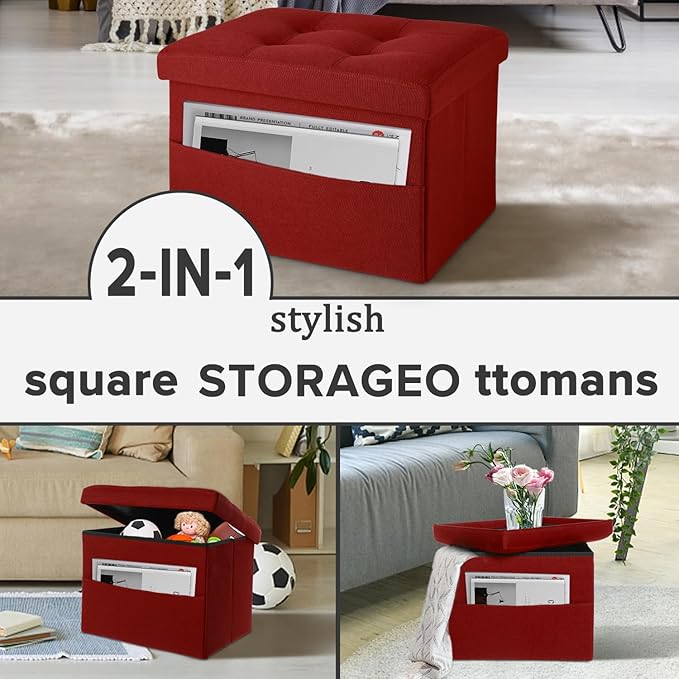LINMAGCO Storage Ottoman Folding Foot Stool Foot Rest with Side Pocket Modern Ottoman with Storage Short Sofa Stool Linen Cloth 17x13x13(ROSEO)