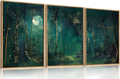 Large Vintage Moon and Star Forest Framed Canvas Wall Art,Mystical Night Sky Scenery Wall Decor,Moody Tree Landscape Artwork,Magical Midnight Art Print for Living Room,Bedroom,Office- 16"x24"x3